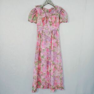 Vintage 70s No Brand Tag Womens Pink Floral Long Maxi Dress